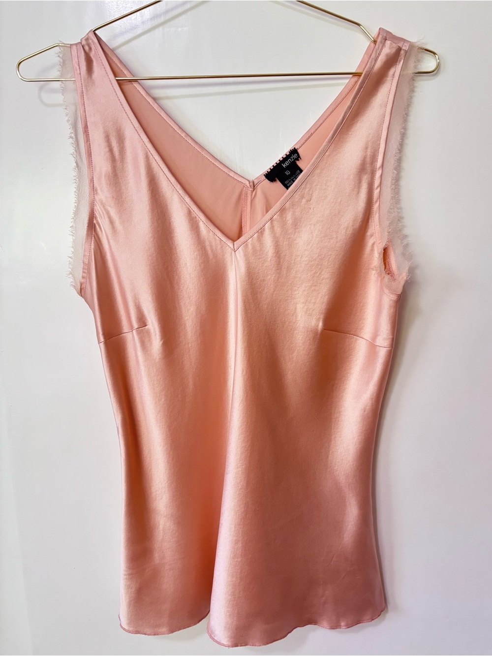 kenzie| 100% Silk Rose-gold Pink Feminine V-Neck Cami w/Eyelash Mesh Trim Sz 10